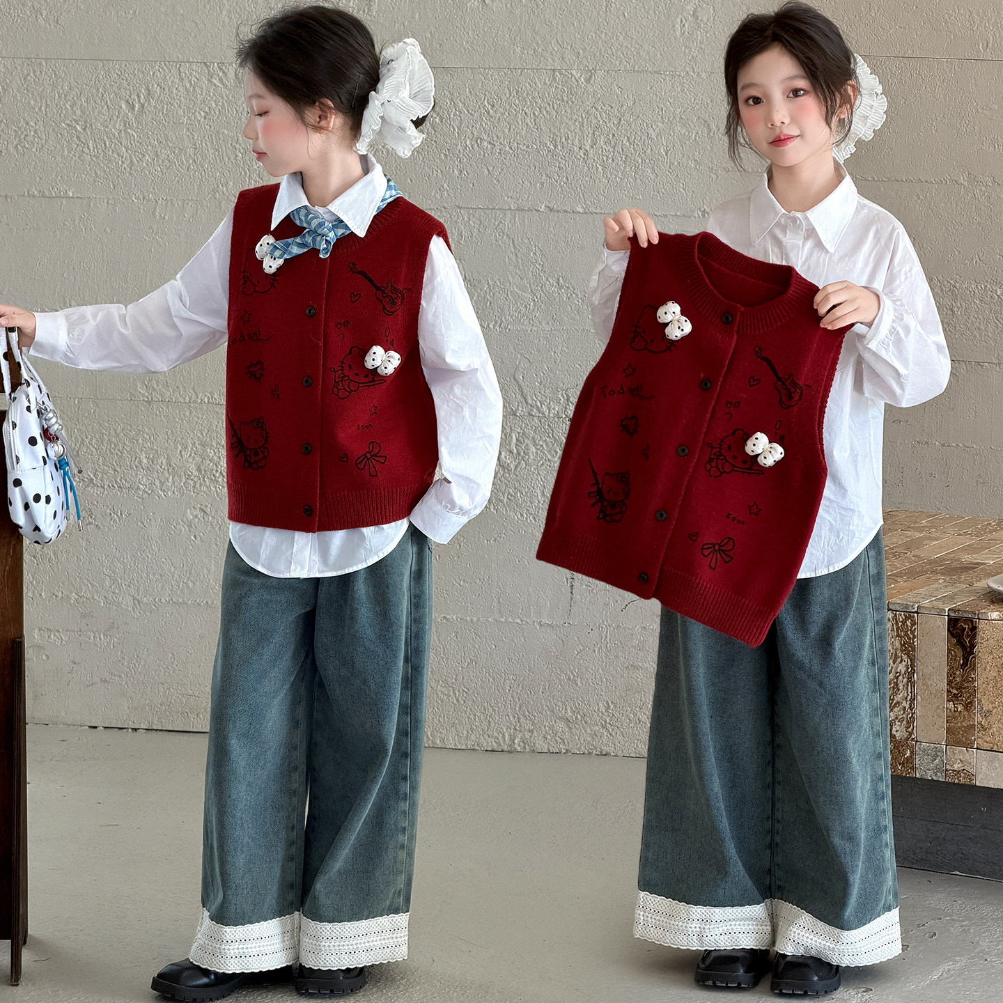 女童红色卡通KT猫针织毛衣马甲背心衬衫花边牛仔阔腿裤春季三件套