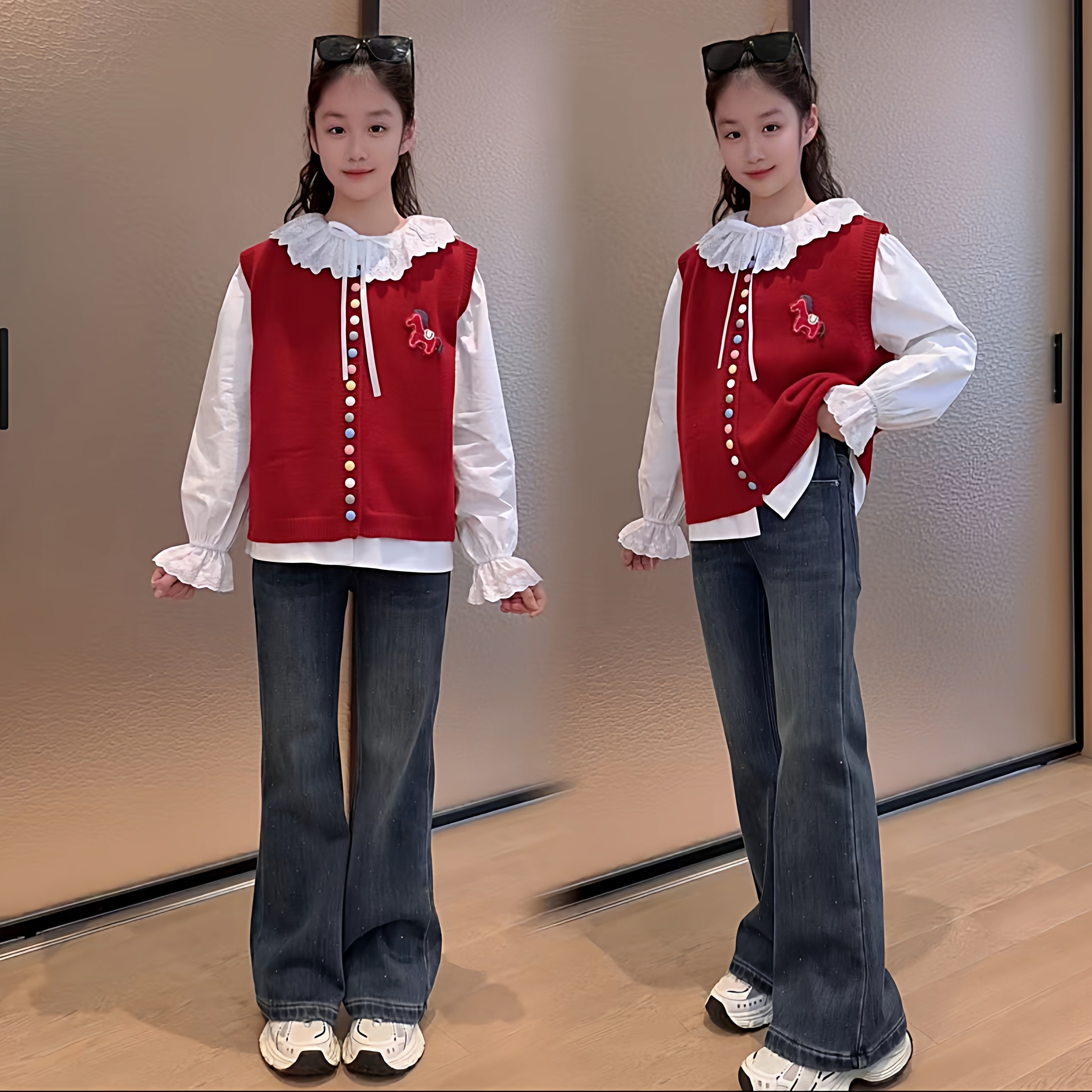 女童韩系红色小马针织背心叠穿花边领衬衫牛仔喇叭裤洋气三件套潮