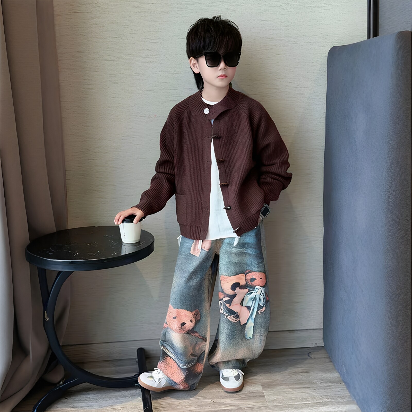 男童秋季针织开衫牛仔裤套装