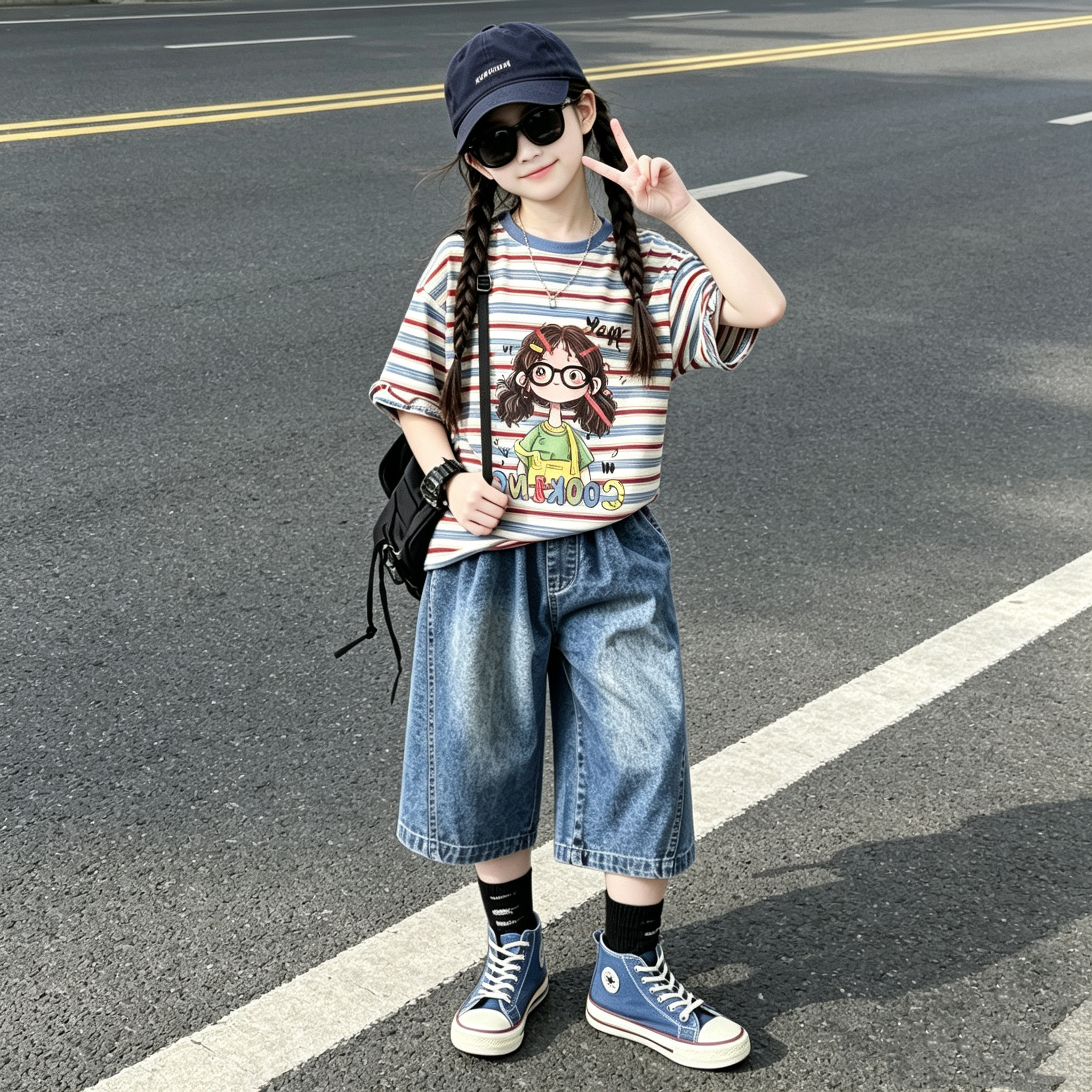小女孩印花T恤牛仔中裤两件套8