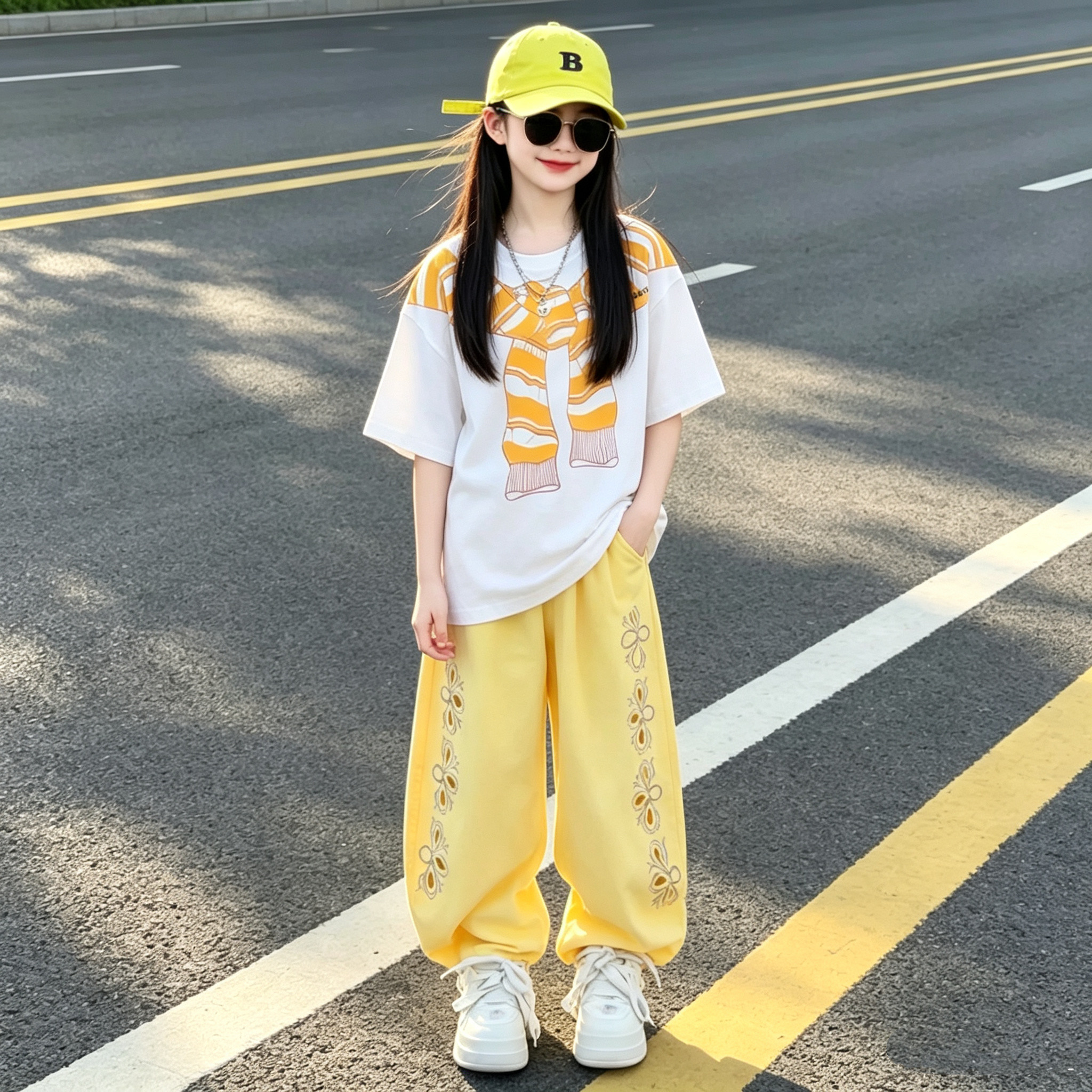 女童披肩印花短袖镂空弯刀裤套装