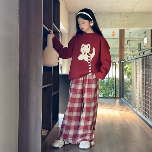 女童甜美风猫咪刺绣加厚红色本命年红色圆领毛衣格子阔腿裤套装潮