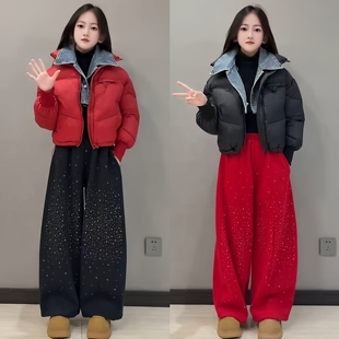 女童潮酷短款设计感脱卸牛仔翻领红色棉服外套中大童洋气过年棉衣