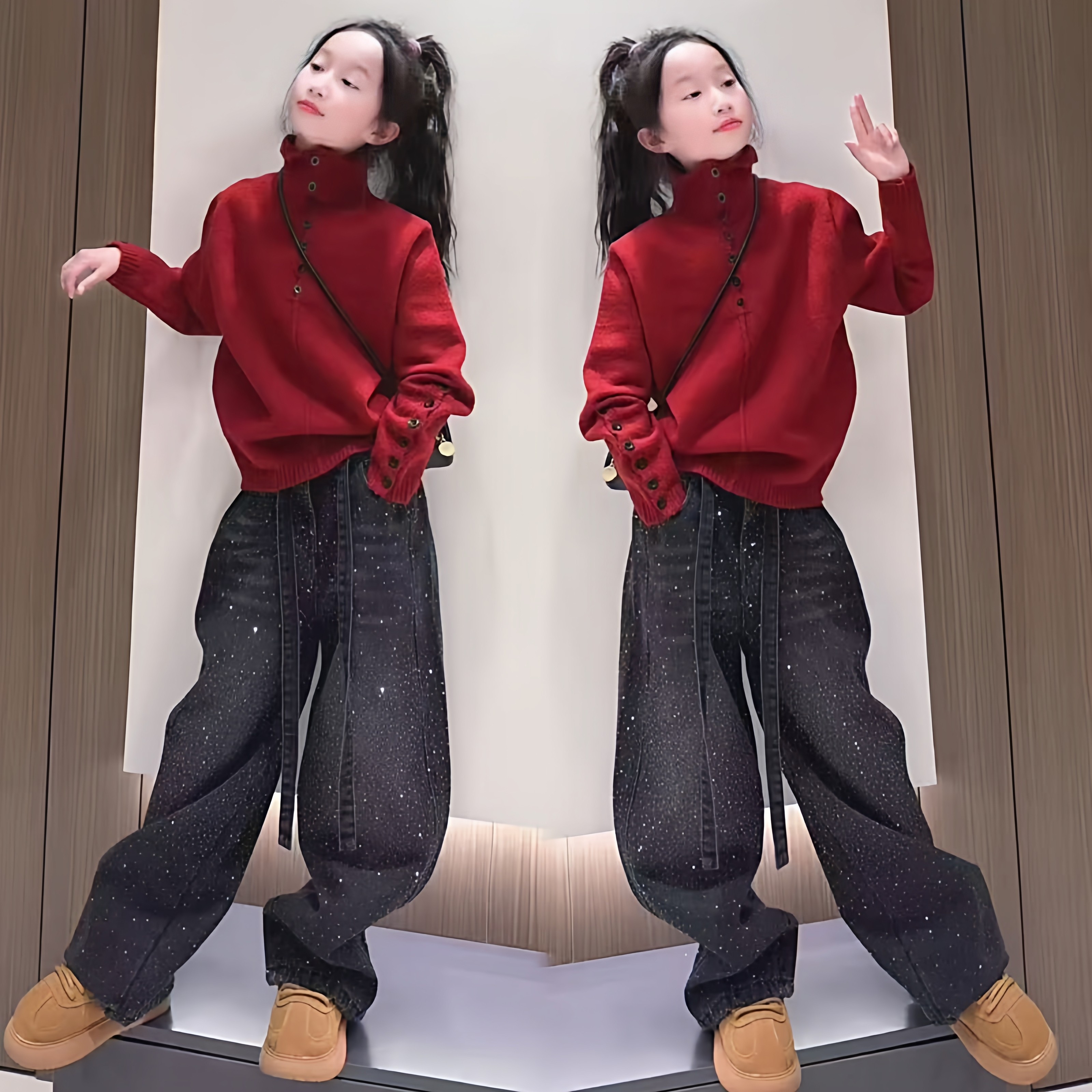 女童新年红色洋气本命年高领毛衣超好看烫钻满天星牛仔阔腿裤套装