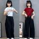 洋气套装 女童夏季 韩8 半袖 T恤复古高腰显瘦牛仔阔腿直筒裤 修身 短款