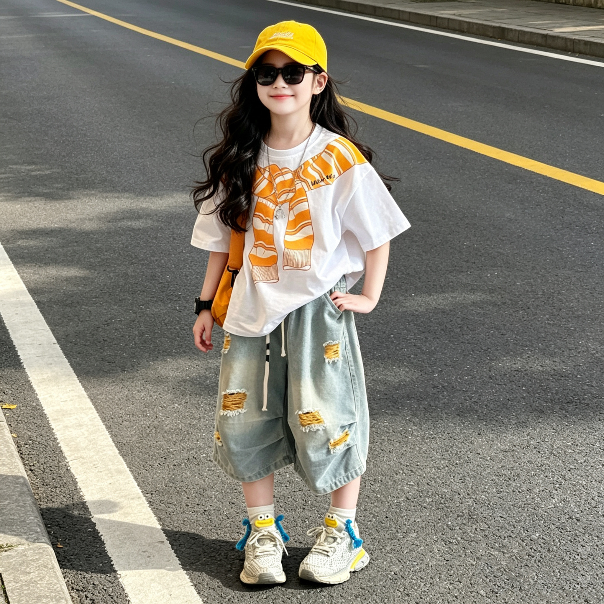 女童印花短袖破洞牛仔中裤套装