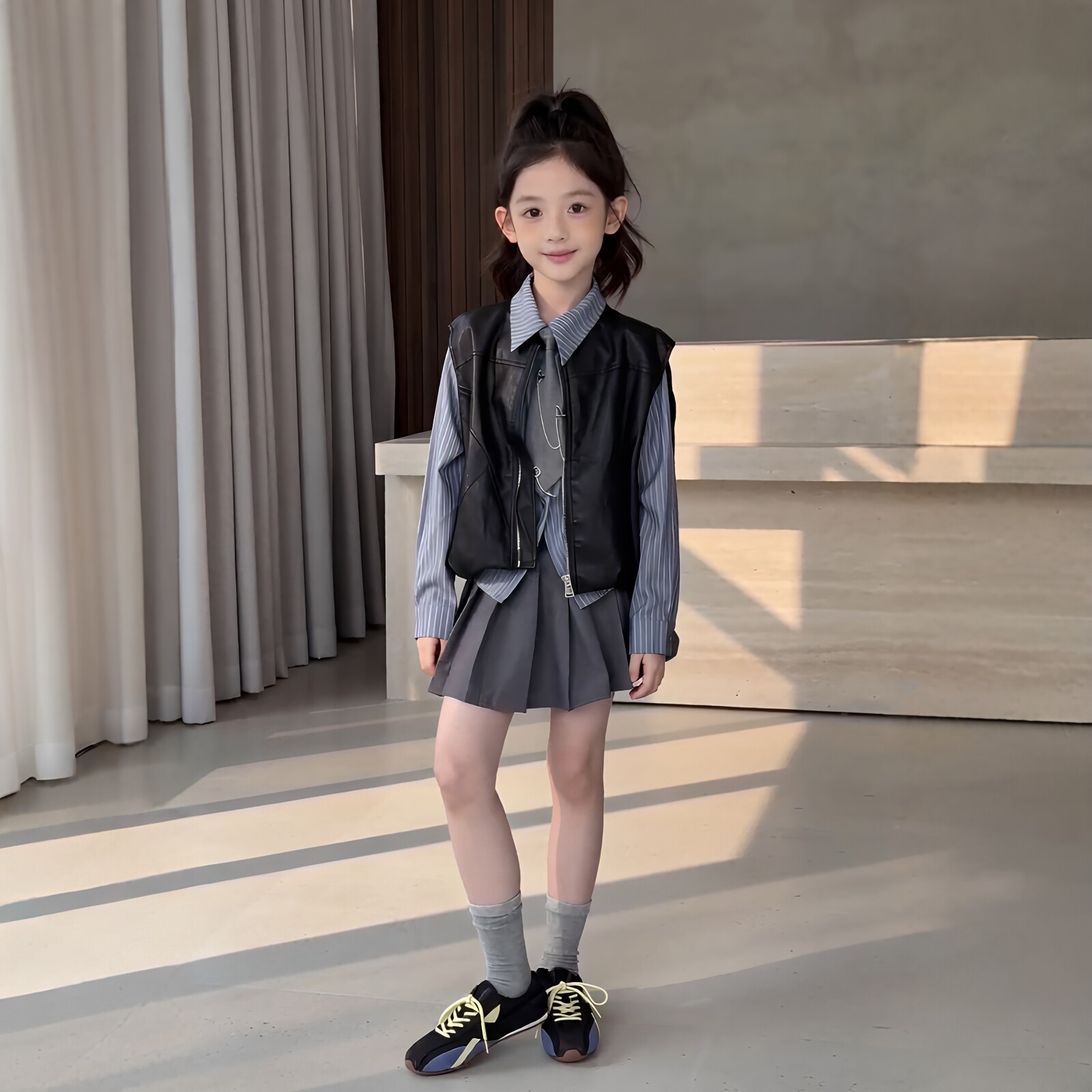 女童条纹衬衫马甲百褶裙三件套