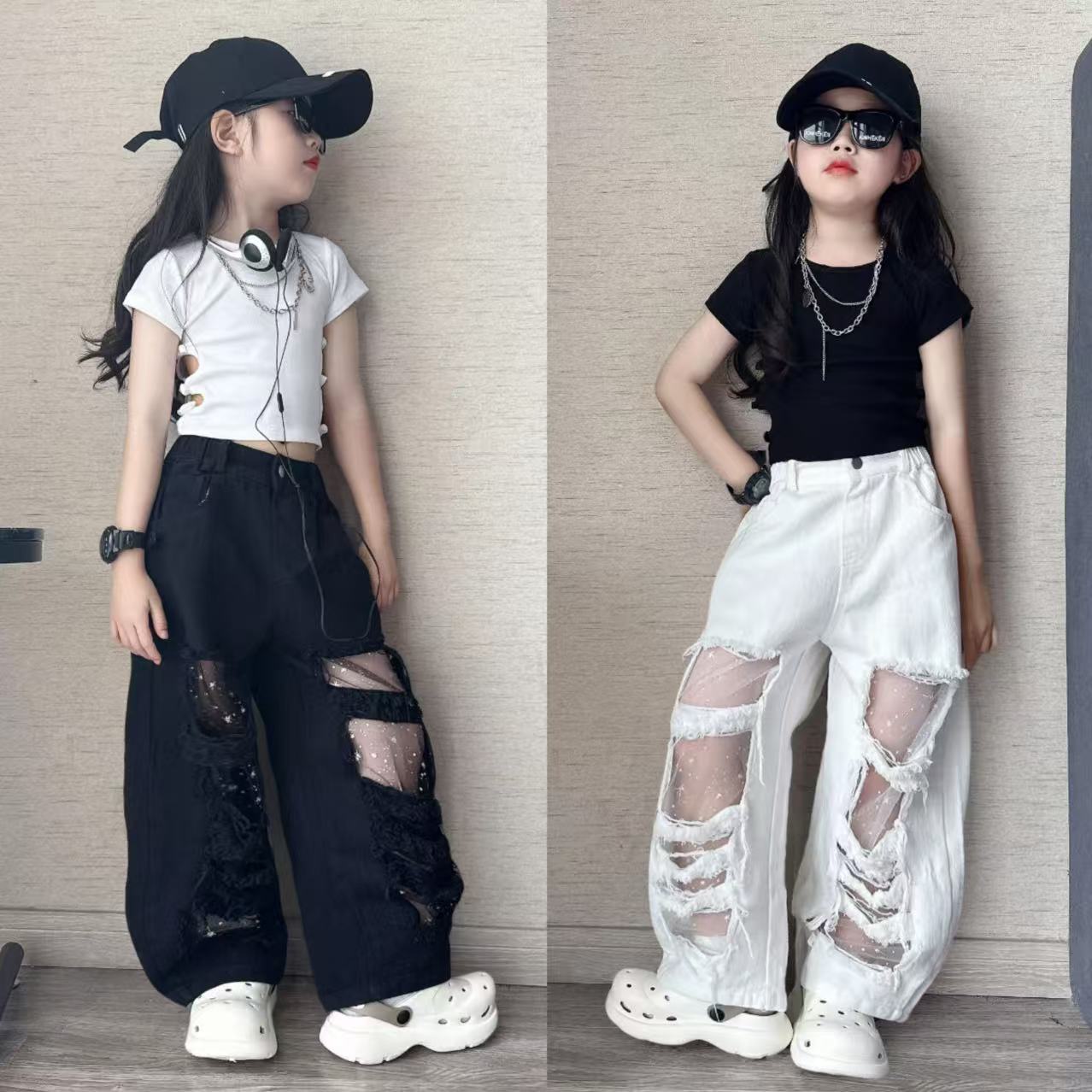 女童镂空短袖网纱破洞裤套装