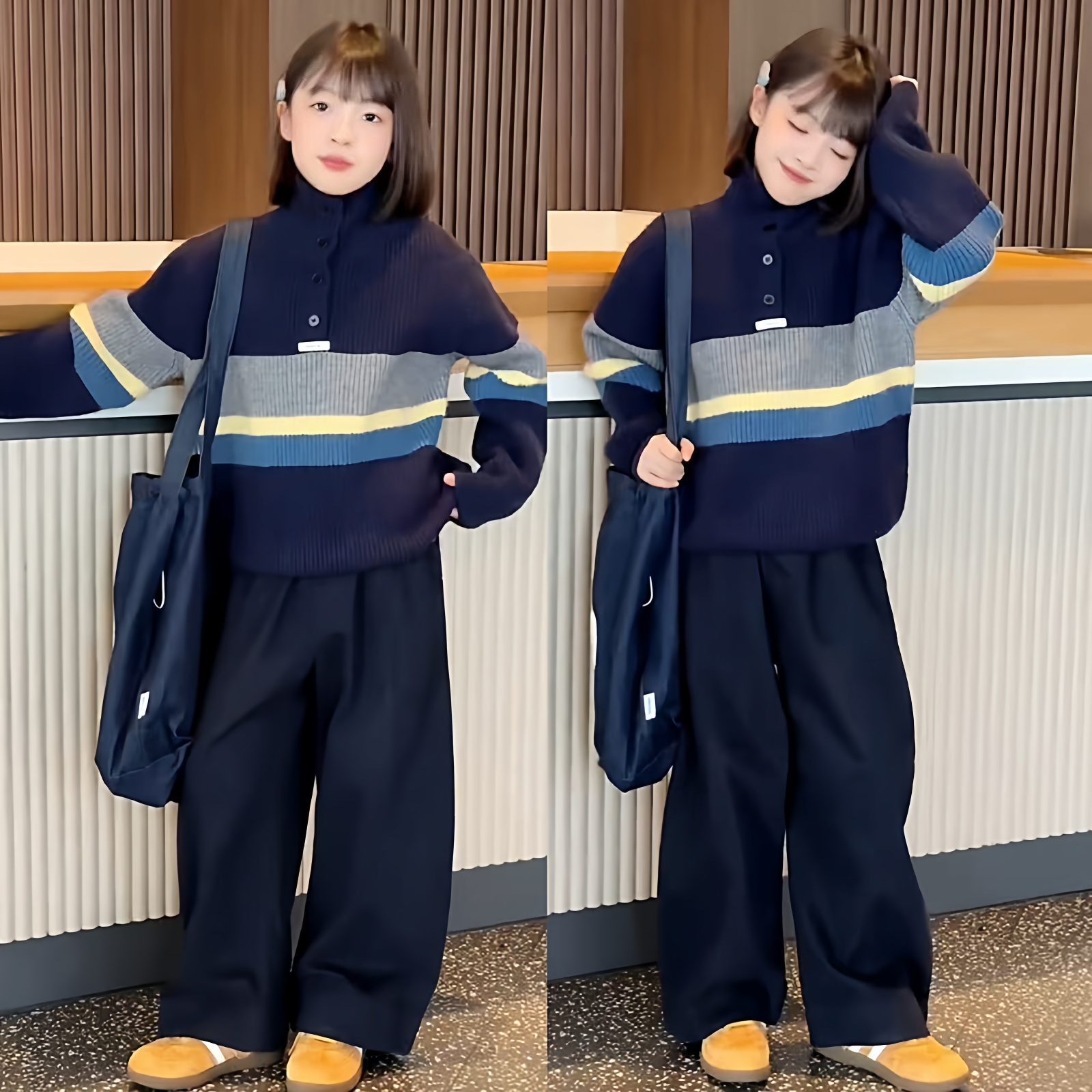 女童条纹撞色高领毛衣棉布裤套装