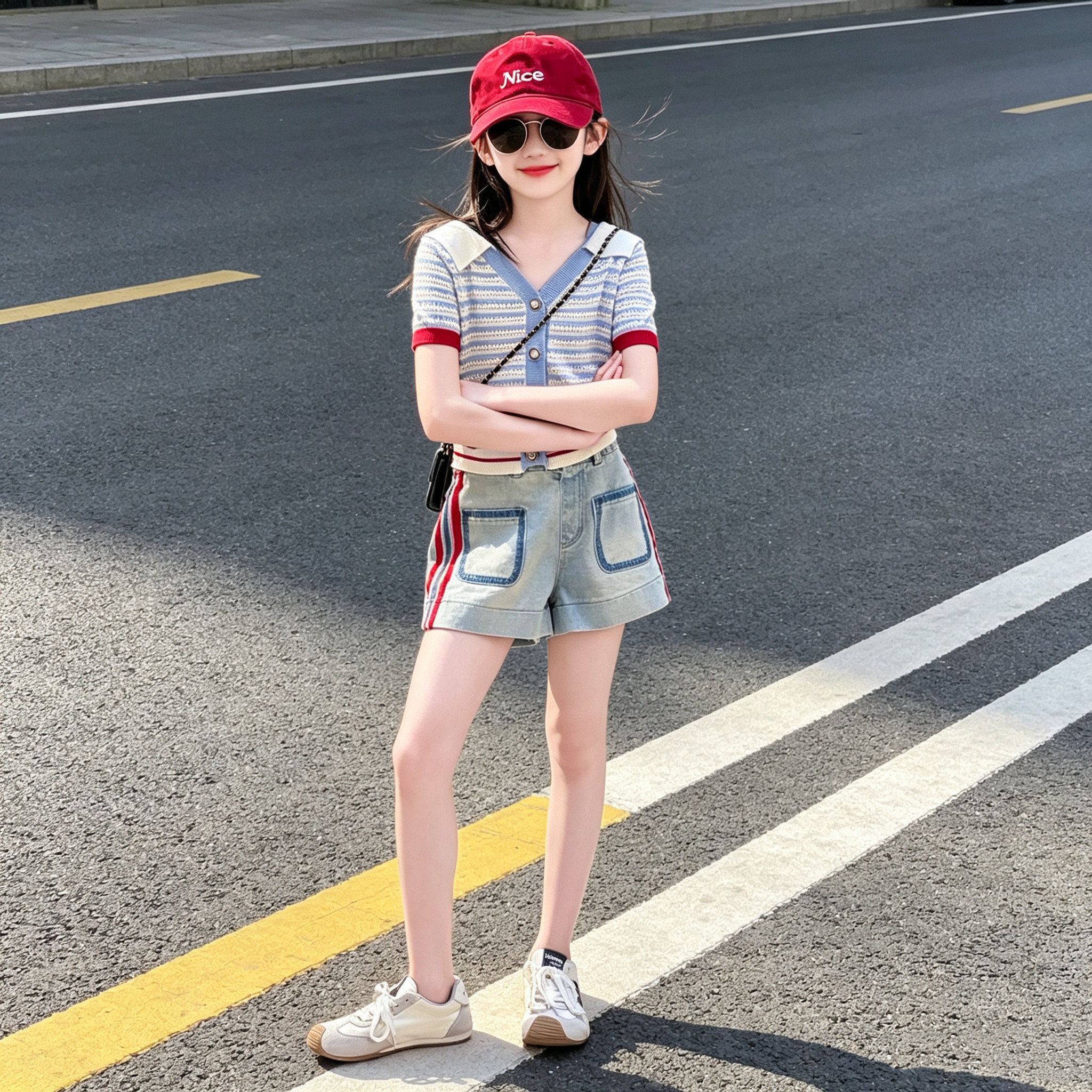 女童海军领条纹短袖短裤套装潮
