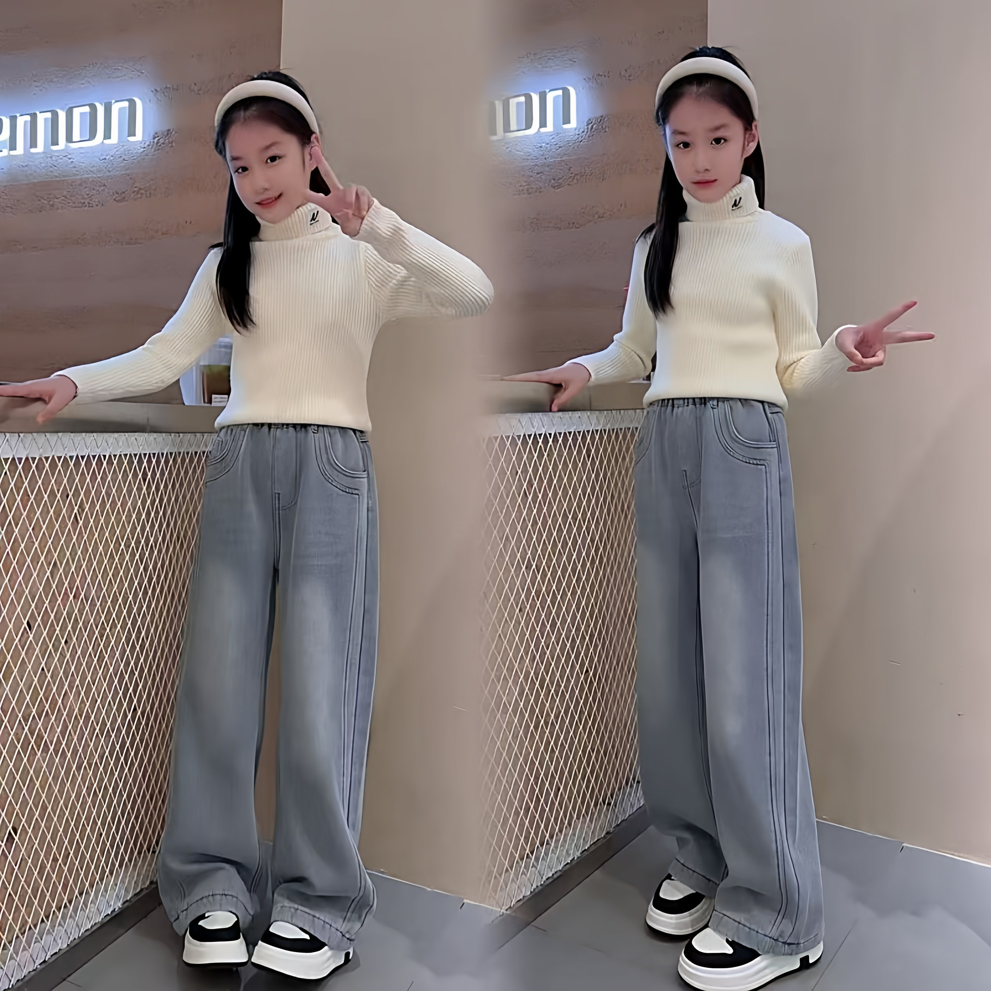女童纯色高领内搭针织毛衣打底衫一体绒窄版浅色牛仔直筒裤套装冬