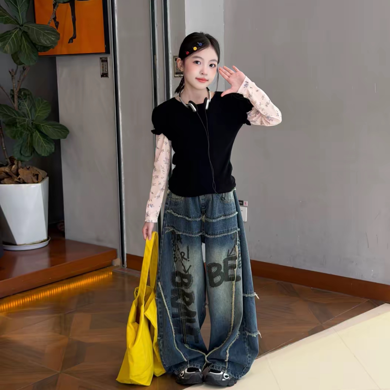 女童碎花假两件T恤牛仔裤套装