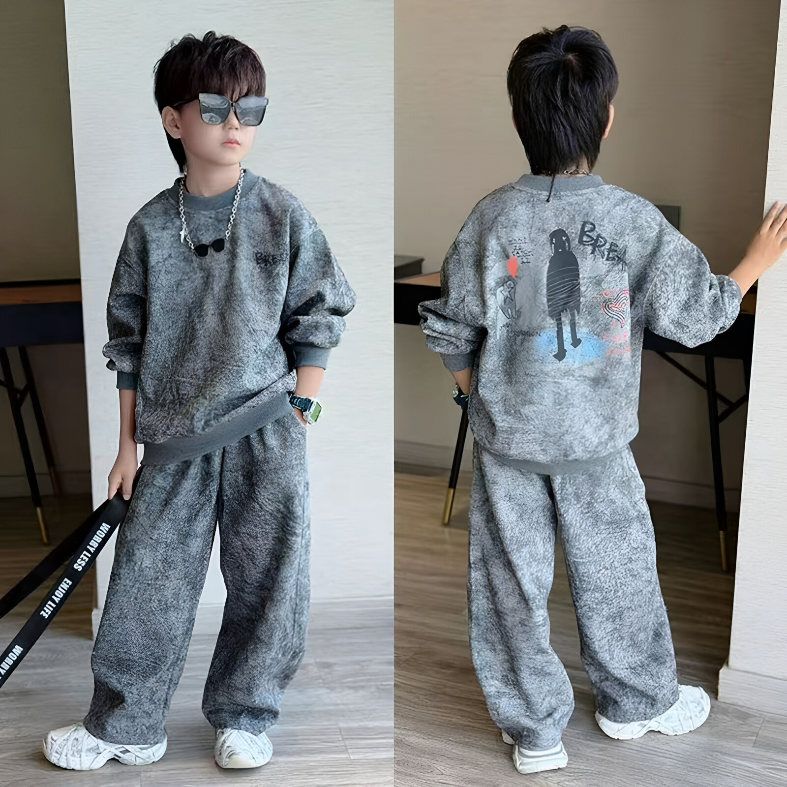 男童手绘涂鸦扎染长袖卫衣套装