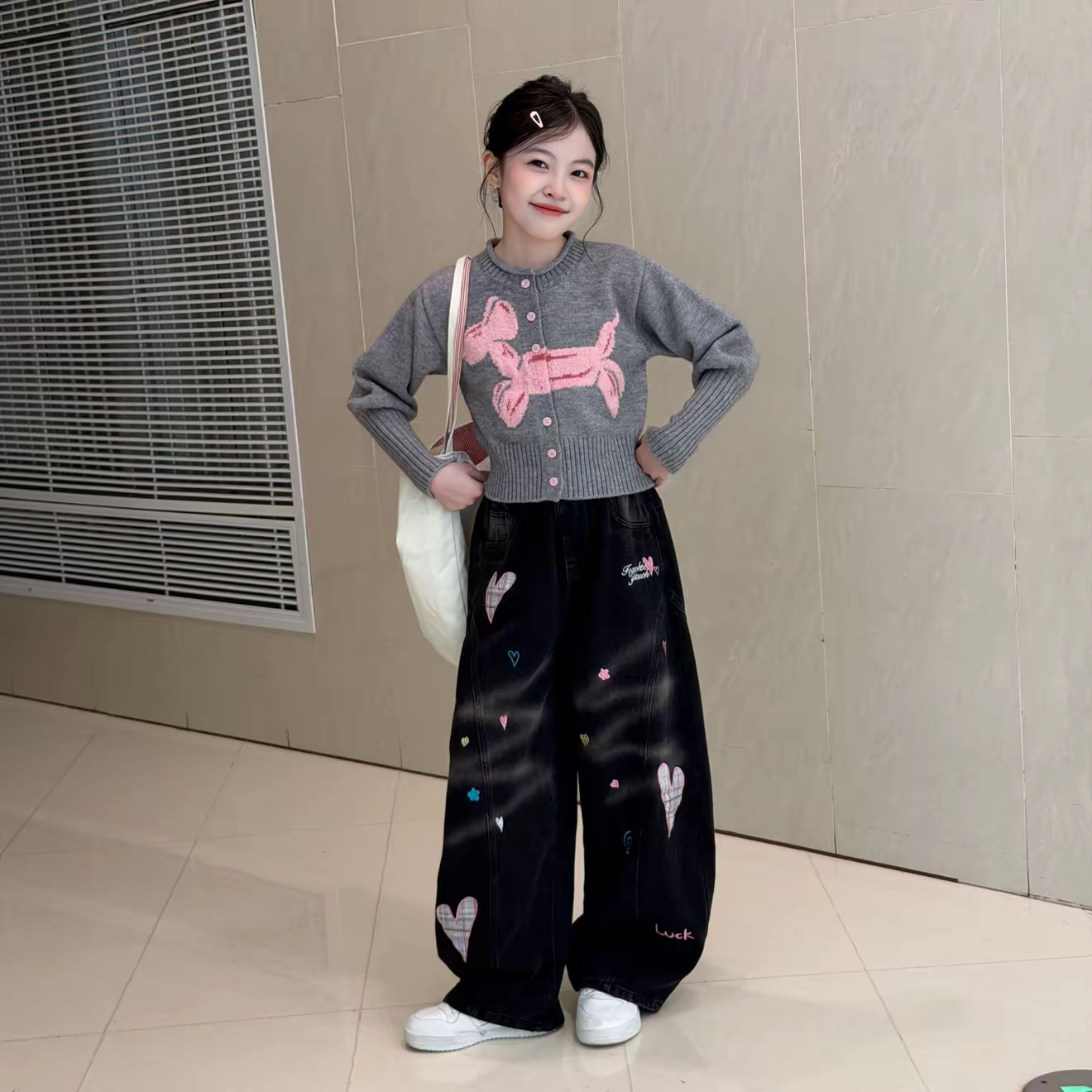 女童小马毛衣开衫牛仔裤套装