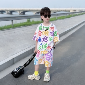男童夏季手绘彩色涂鸦满印哈哈印花短袖套装中大童抽象潮酷两件套