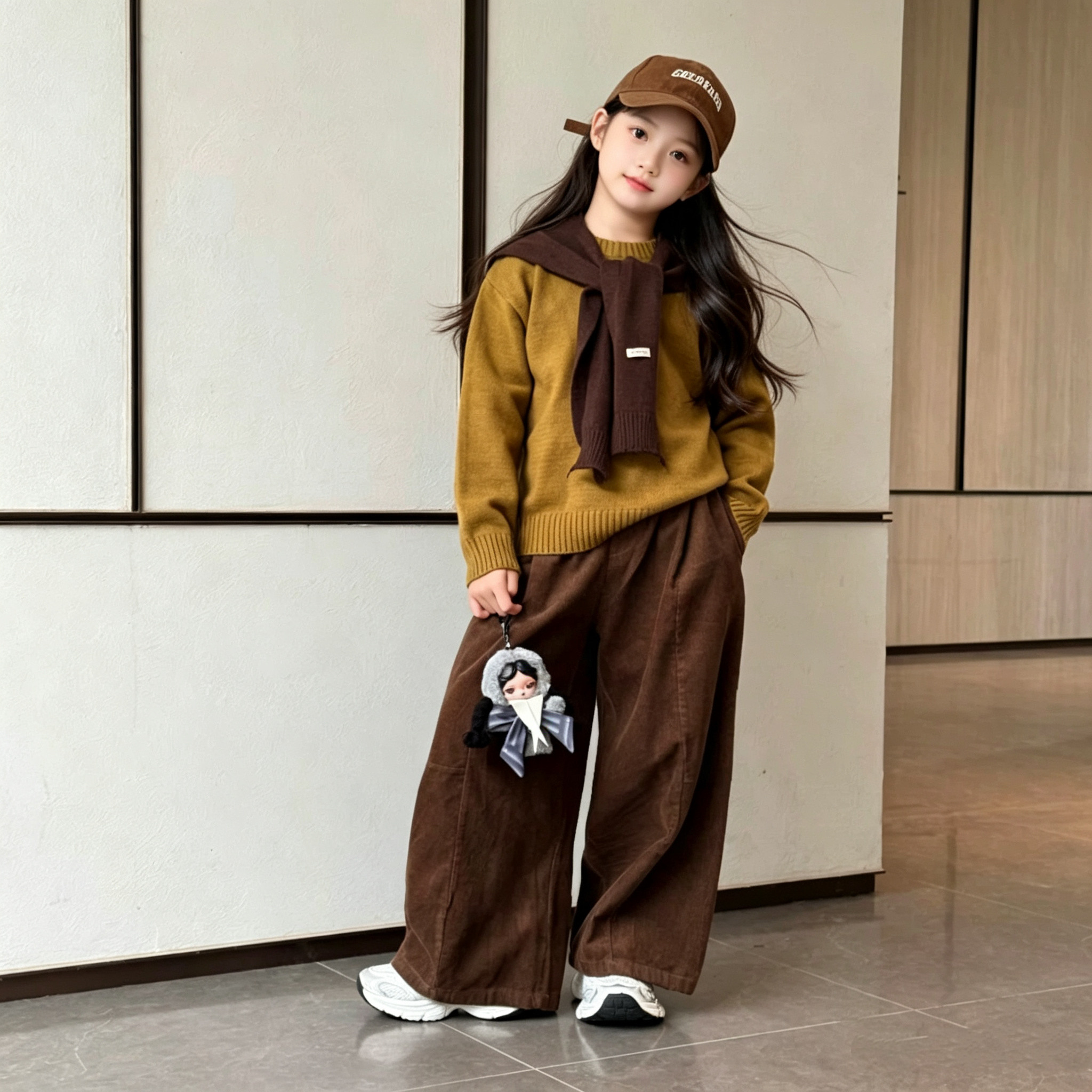 女童披肩针织衫灯芯绒阔腿裤套装