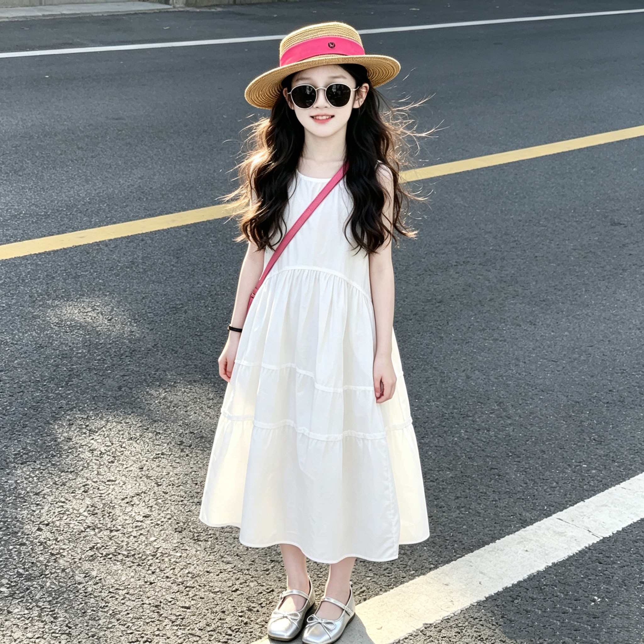 韩系女童夏季白色背心连衣裙