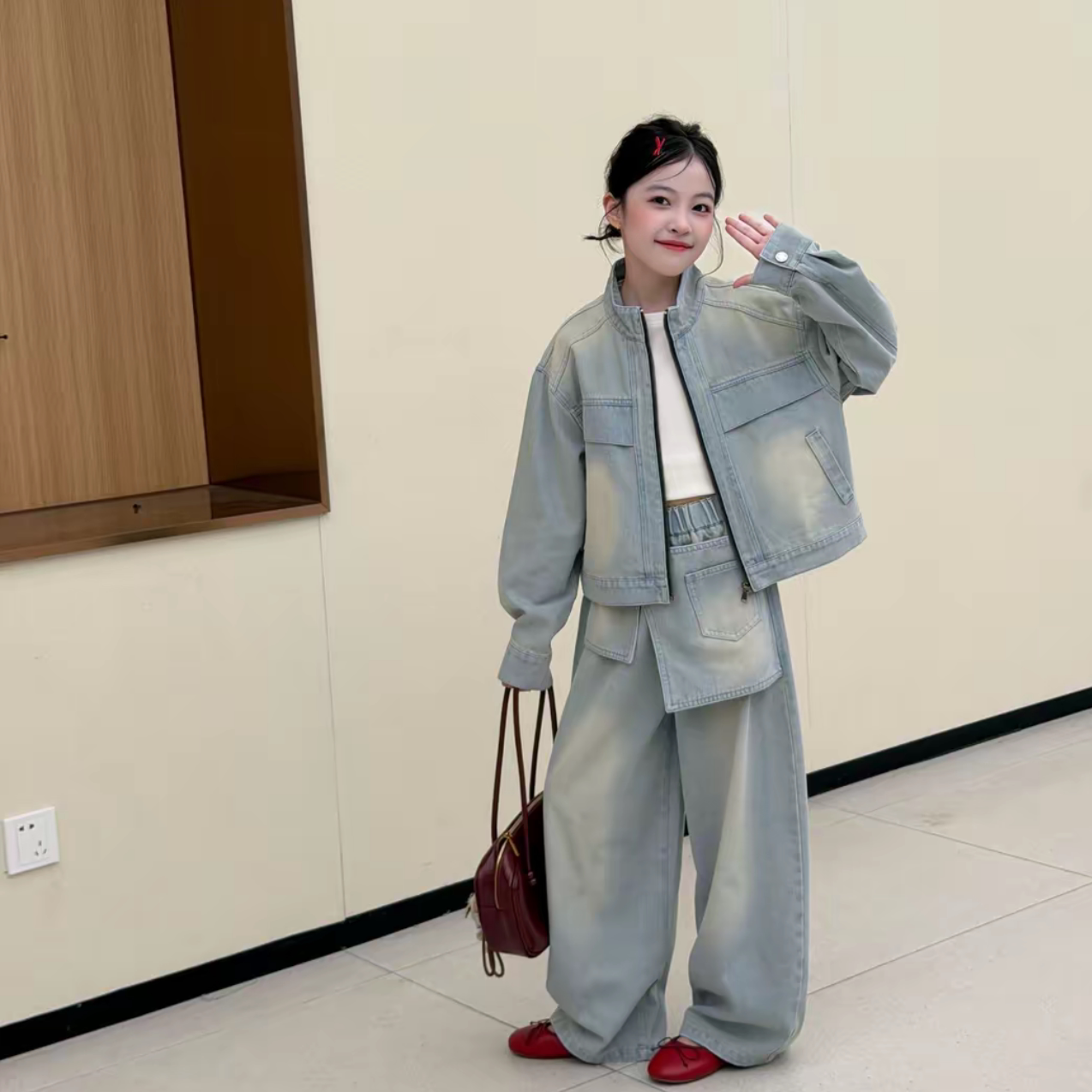 女童港风立领牛仔外套长裤套装