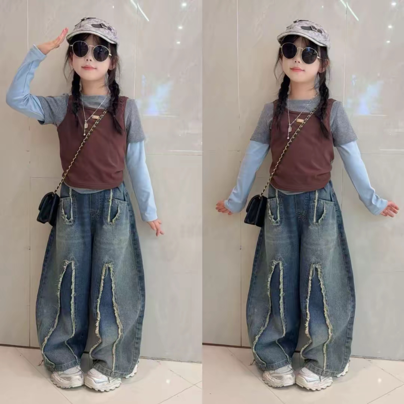 女童撞色长袖T恤牛仔裤套装