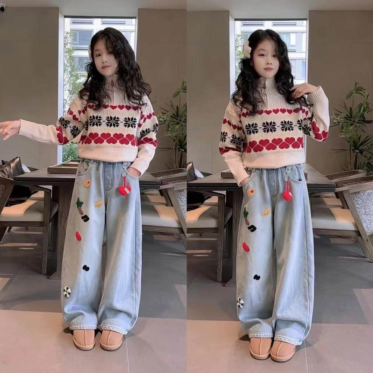 女童加厚半拉链高领毛衣个性加绒刺绣窄版爱心挂件牛仔阔腿裤套装
