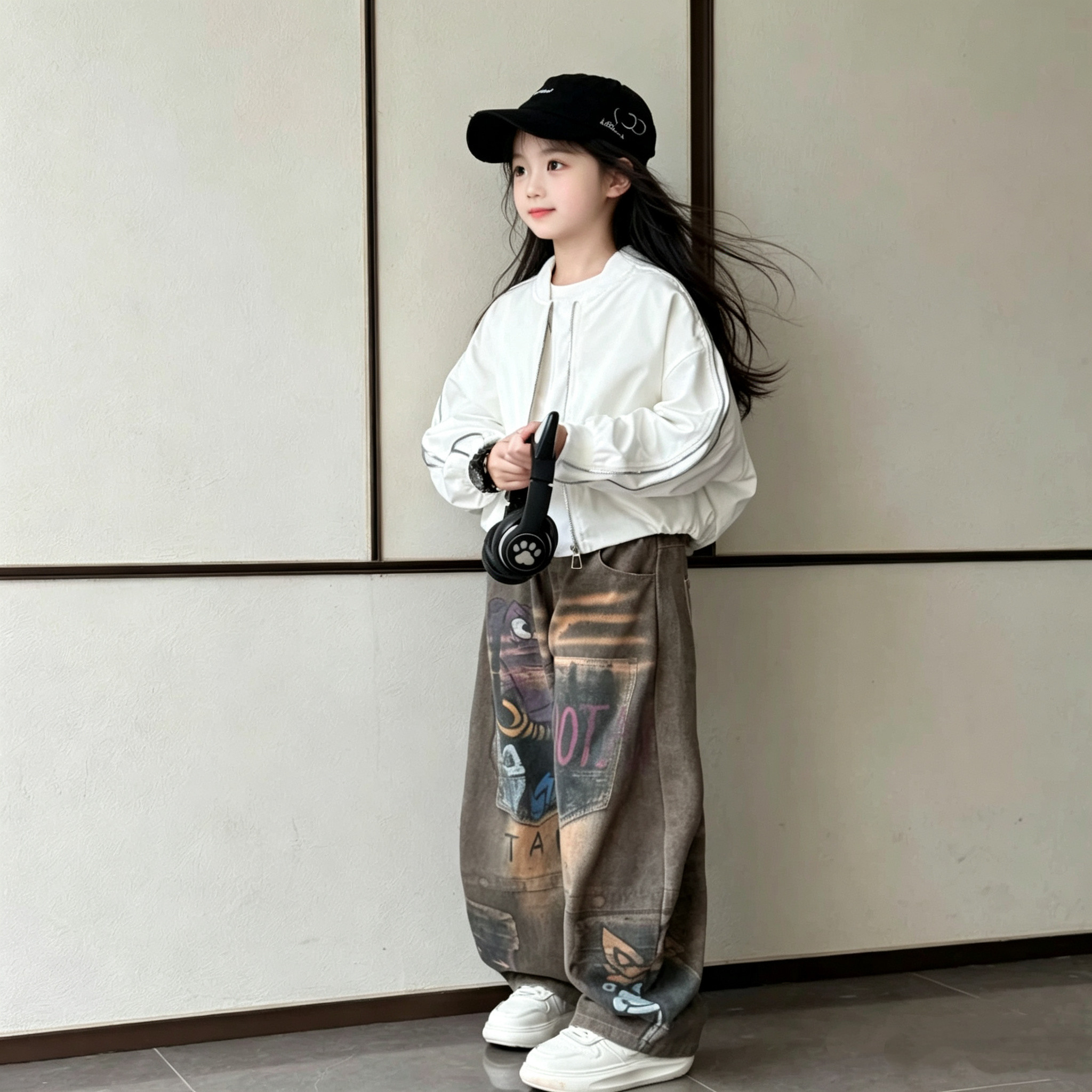 女童涂鸦牛仔老爹裤棒球服套装