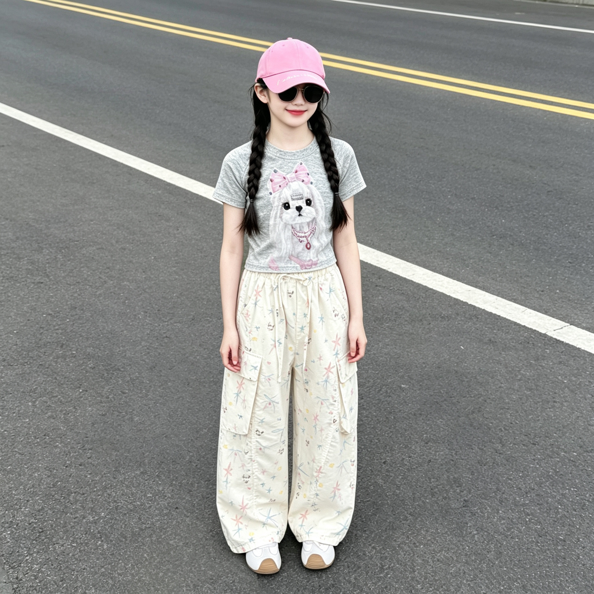 韩系甜美卡通可爱小狗短袖女童夏季轻薄速干满印工装裤时髦套装潮