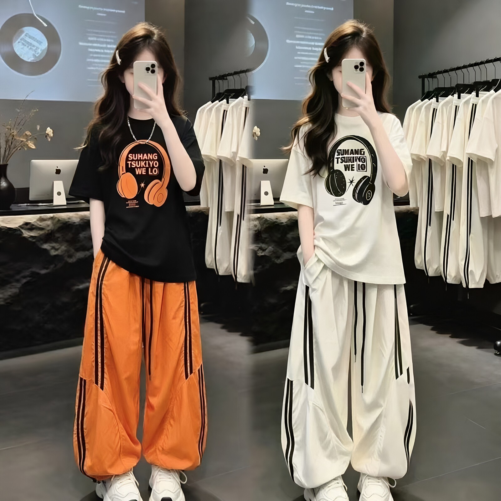 女童耳机印花短袖休闲裤套装