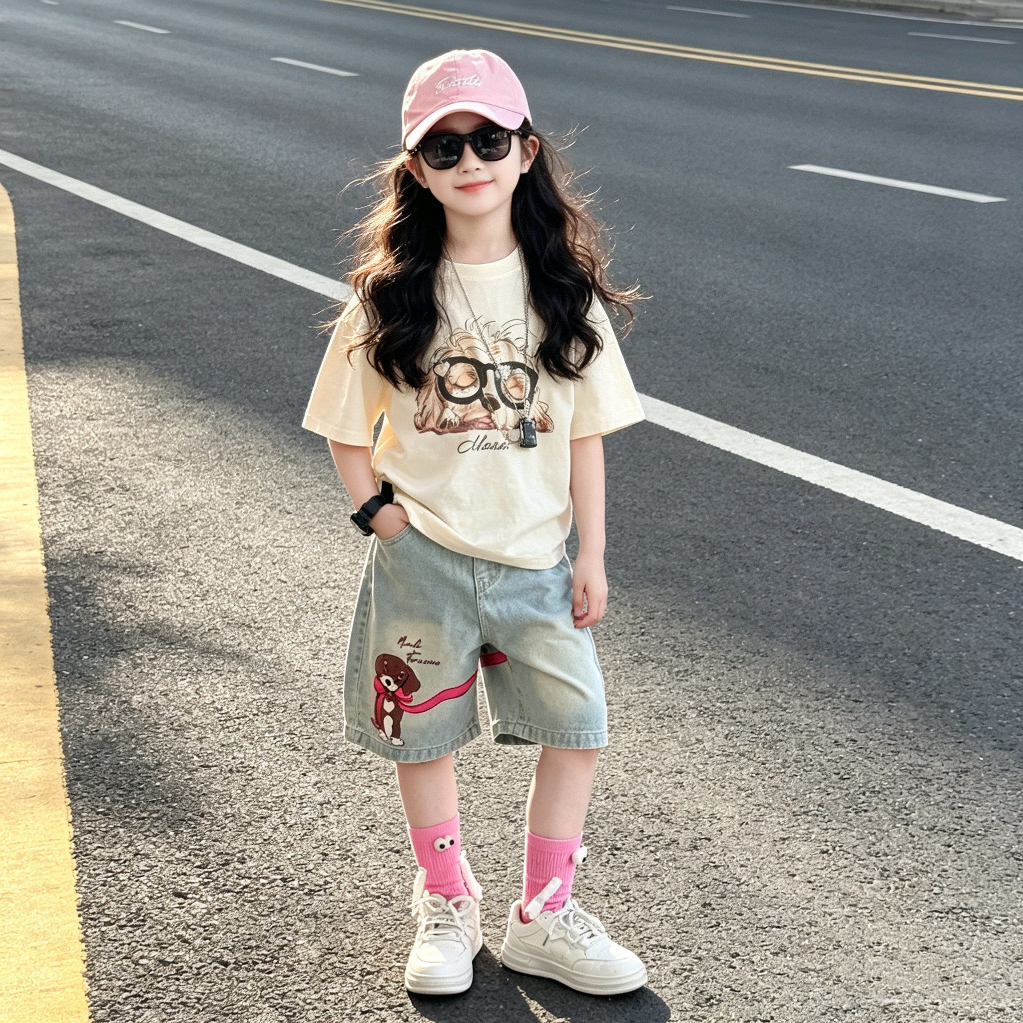 女童卡通短袖百搭牛仔五分裤套装