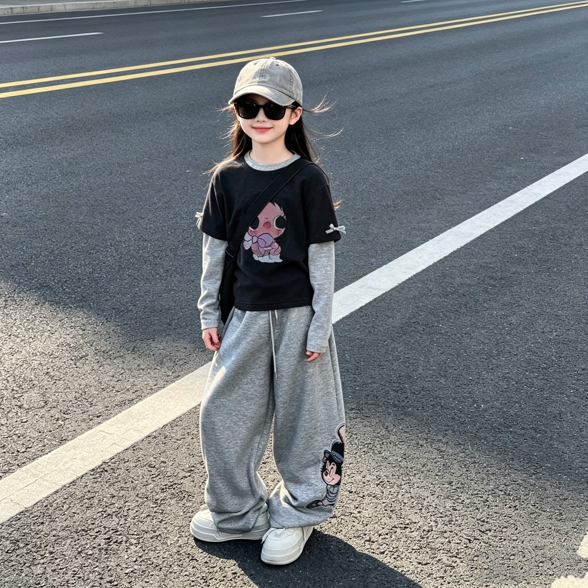 女童假两件撞色长袖卡通卫裤套装