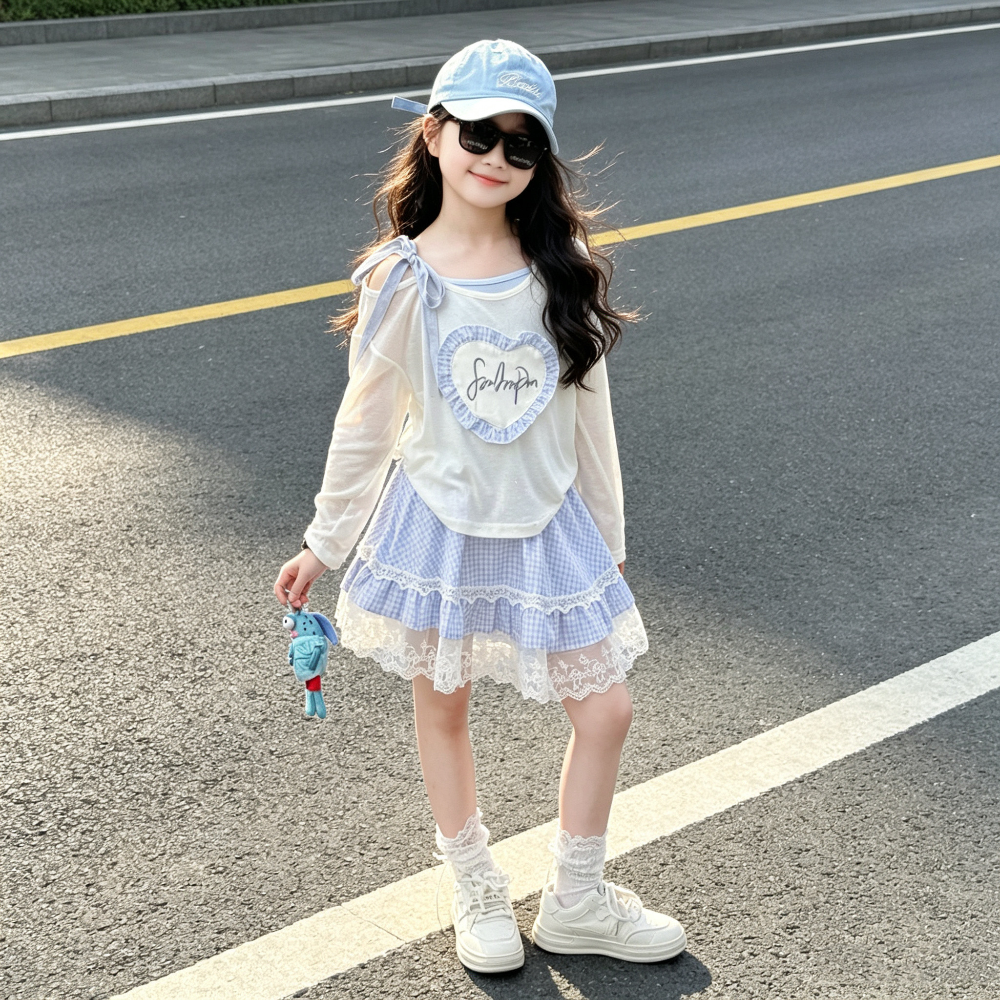 女童露肩罩衫半身裙三件套