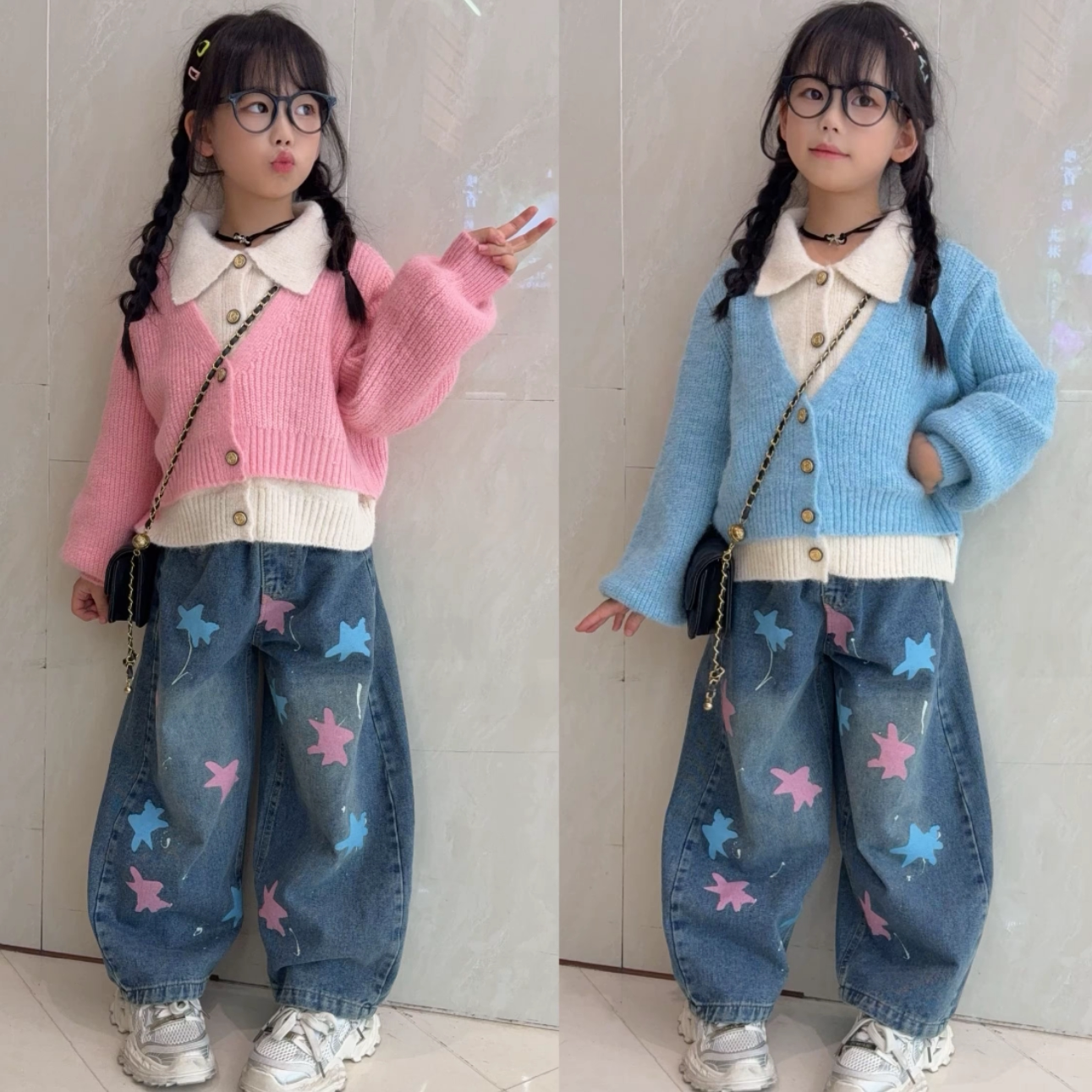 女童甜美假两件毛衣牛仔裤套装