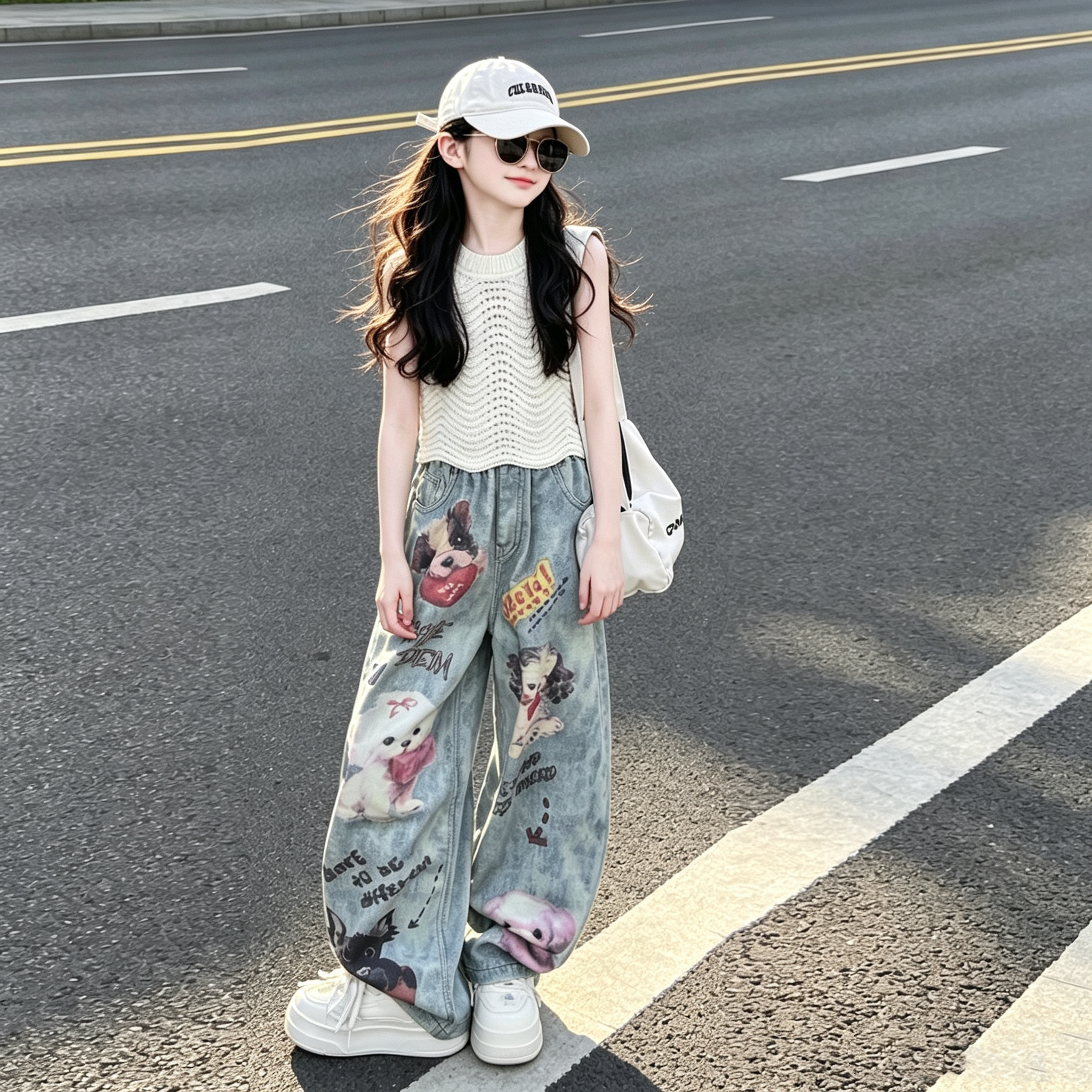 女童可爱动物阔腿裤挂脖背心套装