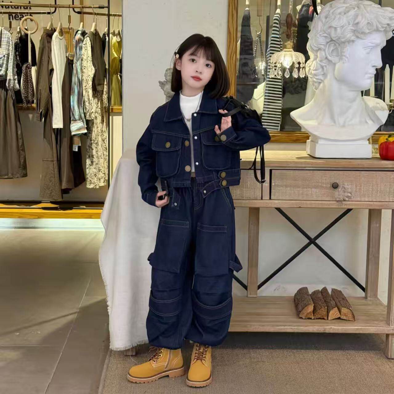 设计师款2025秋季女童炸街复古牛仔原色外套工装裤痞帅潮酷套装潮