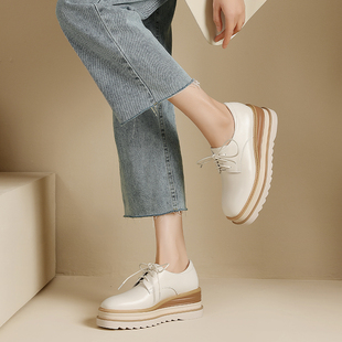 坡跟松糕鞋厚底女单鞋真皮圆头系带女士皮鞋韩版休闲高跟牛皮女鞋