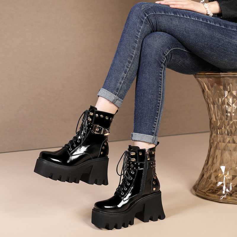 女士方头侧拉链绑带牛皮女靴子