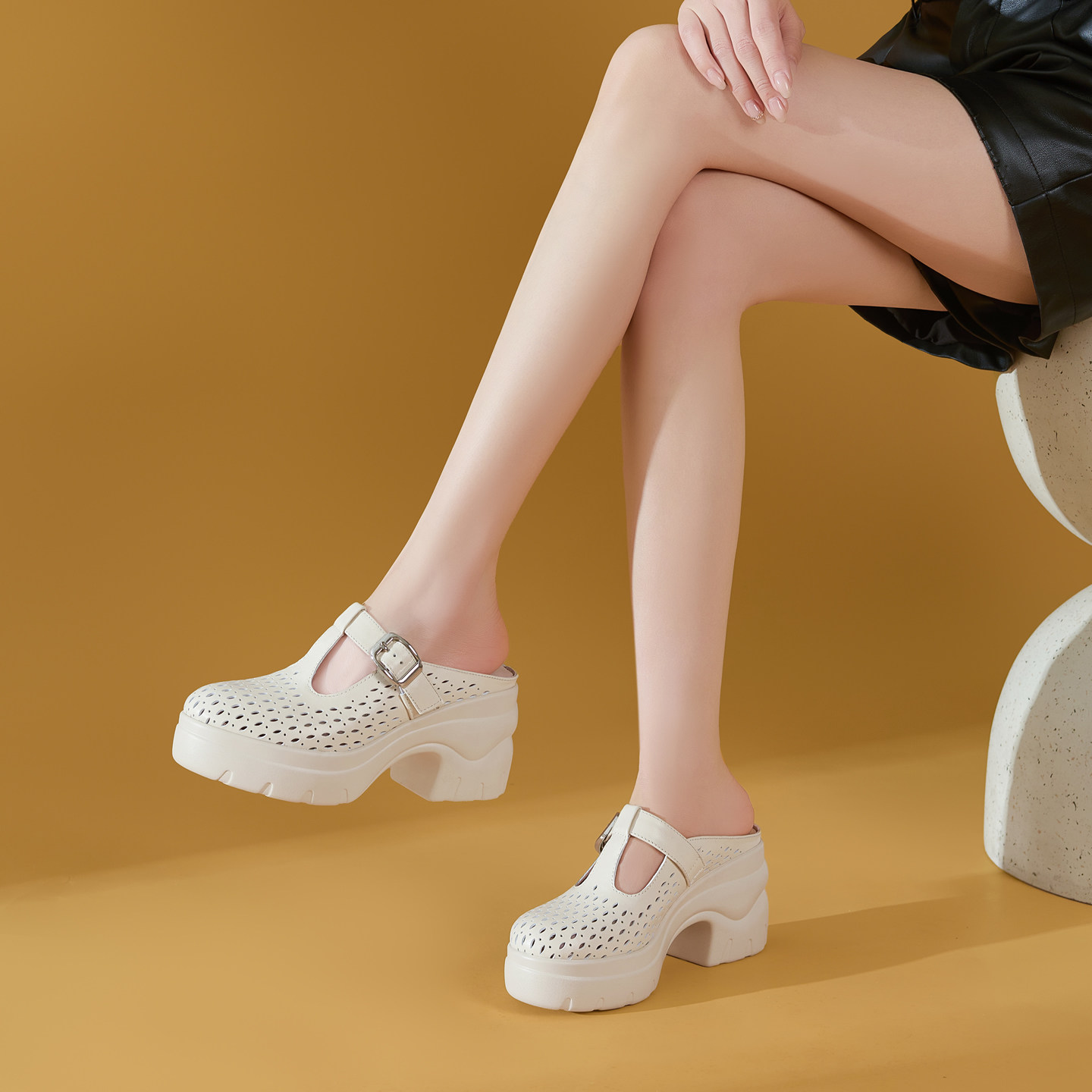 8cm厚底凉拖女外穿真皮小个子增高穆勒鞋粗跟包头半拖夏款拖鞋女