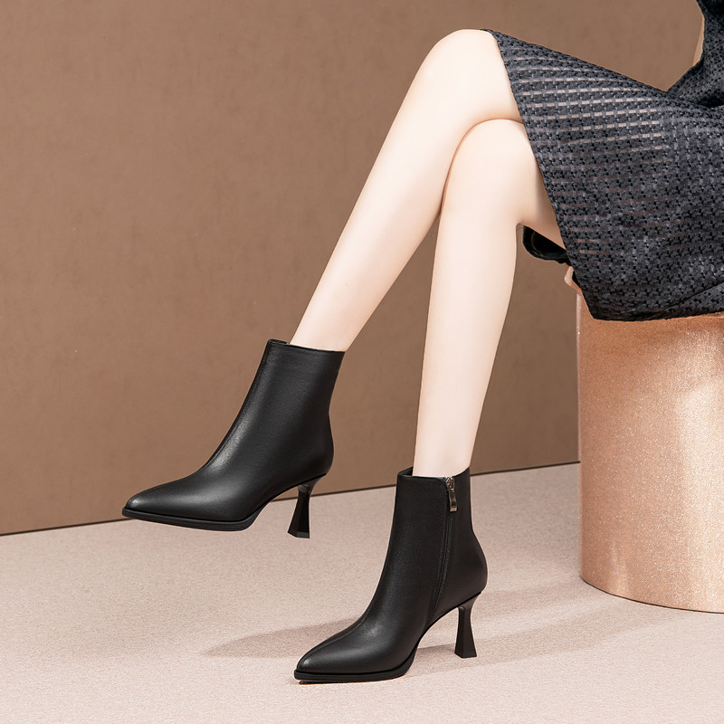 高跟女短靴细跟尖头短筒女士及踝靴秋冬款百搭真皮侧拉链牛皮女靴