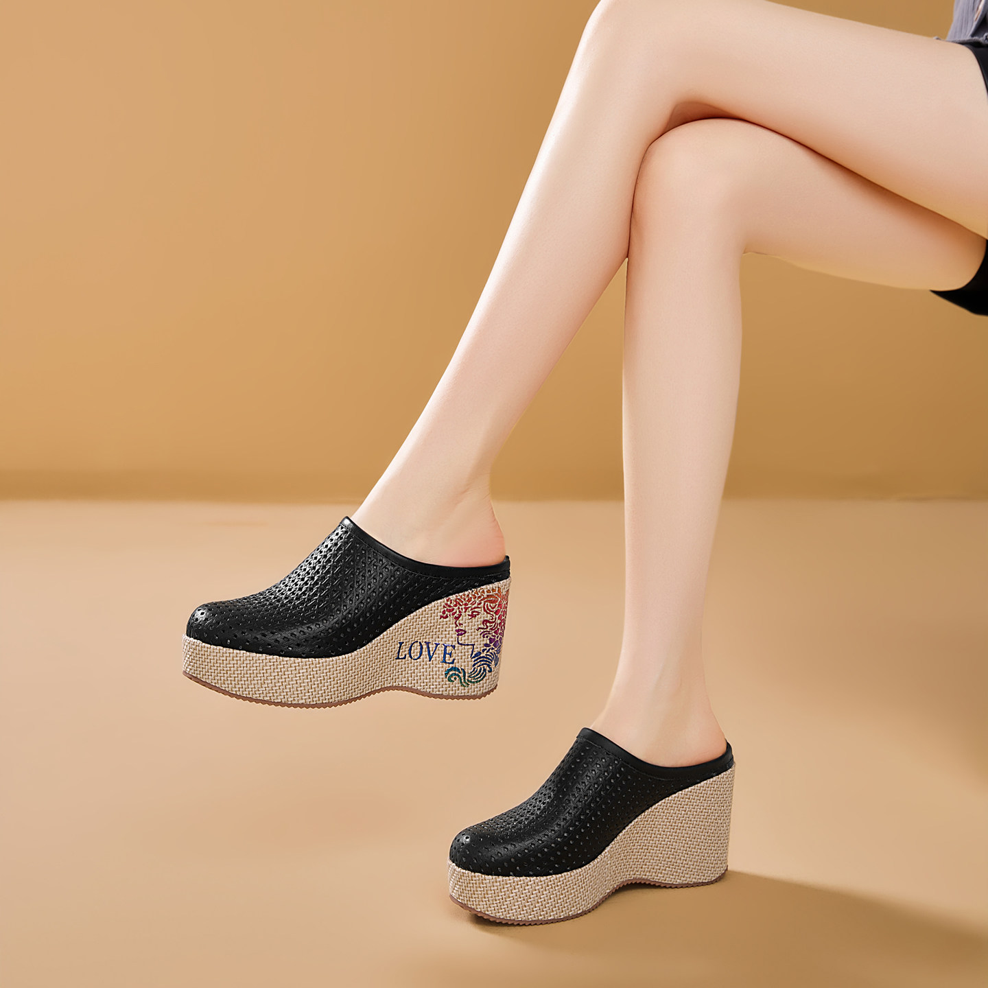 坡跟凉拖女厚底增高外穿半拖夏新款小个子真皮民族风懒人包头拖鞋