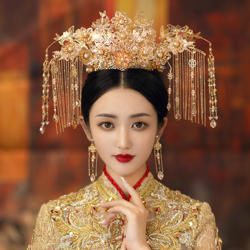 新娘古装秀禾头饰中式流苏凤冠霞帔步摇秀禾服敬酒服结婚配饰芸洛