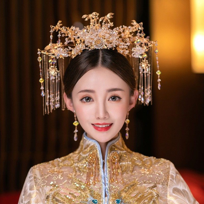 新娘头饰新款中式金色凤冠古装结婚礼秀禾服龙凤褂发饰品写真琬嘉