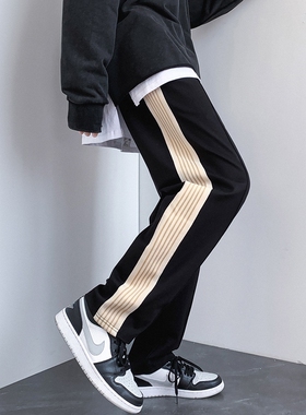 港风条纹拼接高街ins潮流百搭日系oversize宽松大码休闲九分裤男