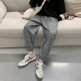 休闲裤男夏季薄款韩版潮流痞帅裤子宽松九分9分原宿风格子束脚裤