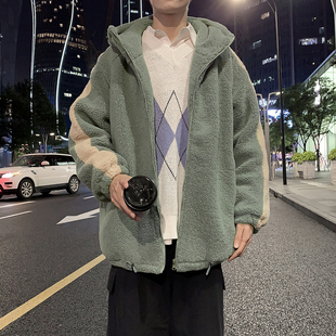 秋冬季宽松连帽棉袄男韩版潮流羊羔毛夹克ins港风百搭加绒厚外套