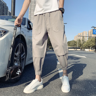 夏季痞帅男裤子九分裤休闲裤束脚哈伦裤宽松薄款春秋工装伞兵八分