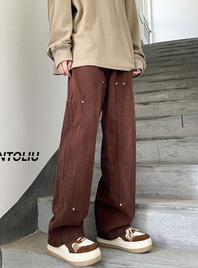 vibe美式街头裤子ins高街欧美风咖色工装裤宽松直筒国潮休闲长裤