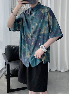 很仙的夏威夷vintage花衬衫男冰丝短袖潮流痞帅宽松沙滩衬衣夏季