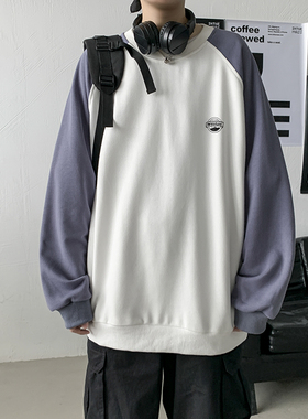 ins日系拼色圆领卫衣男女韩版潮流宽松长袖打底衫情侣装秋装上衣