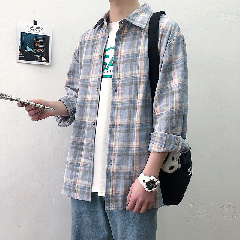 春秋日系男装磨毛长袖衬衫男士潮流文艺格子衬衣ins超火宽松外套