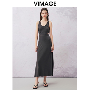 VIMAGE纬漫纪垂坠莫代尔U领无袖 露腰长裙灰色连衣裙夏