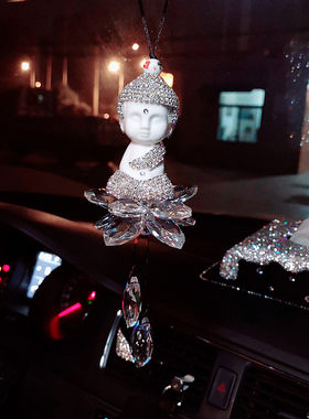 高档镶钻如来莲花佛像车挂白陶瓷汽车车载后视镜挂饰挂件吊坠女士